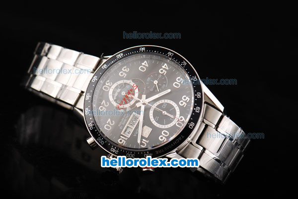Tag Heuer Carrera Calibre 16 Swiss Valjoux 7750 Automatic Movement Full Steel with Black Dial and Black Bezel-Silver Numeral Markers - Click Image to Close